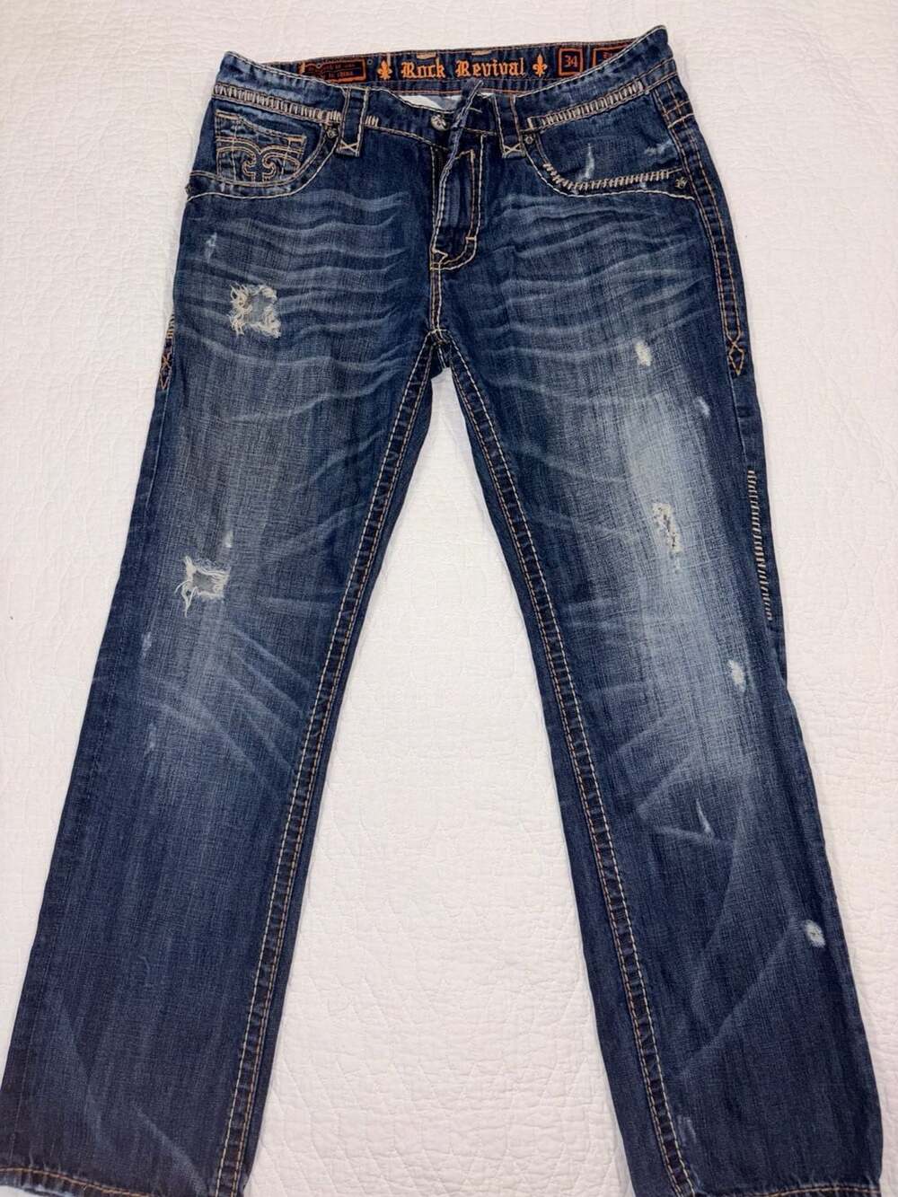 Rock Revival Elon Mens Jeans Size 34 Straight Bootcut Distressed Dark Wash Denim